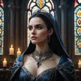 Morgana is shown in a grand, ancient cathedral, her presence both beautiful and terrifying. The stained glass windows behind her depict scenes of torment and despair, and her form is illuminated by the eerie, flickering light of candles. Her chains are wrapped around the pillars, binding them with an unbreakable force.