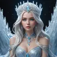 An ethereal Ice Queen seated on a throne of ice, her skin pale as snow, eyes glowing with a cold, blue light, her hair flowing like a cascade of frozen silver, with icicles hanging from her crown and a frosty aura emanating from her presence.