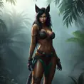 Nidalee, the seductive huntress, stands confidently in a misty jungle clearing. Her body is a perfect blend of human and feline, with sleek muscles and a graceful posture. She wears a revealing, tribal-inspired outfit adorned with feathers and beads, and her eyes are a mesmerizing shade of emerald. The air around her shimmers with an otherworldly energy.