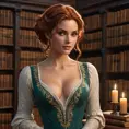 Triss Merigold in a seductive, low-cut dress with intricate lace detailing, her hair pinned up with loose tendrils framing her face, standing in a candlelit library with ancient tomes surrounding her, her presence both alluring and intellectual.