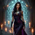 A seductive Yennefer with raven-black hair cascading over her shoulders, dressed in a form-fitting, deep purple gown that accentuates her curves, standing in a candlelit chamber with enchanted flames dancing around her