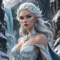 A powerful Ice Queen commanding a blizzard, her form towering and imposing, clad in a flowing robe of ice and snow, her eyes piercing through the storm, with snow-covered mountains and a frozen waterfall in the background.