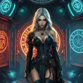 A seductive Ciri, in a daring, yet elegant outfit that combines elements of medieval and futuristic fashion. She stands in a high-tech, yet ancient-looking chamber, with holographic displays and ancient runes glowing around her. Her hair is a mix of silver and dark strands, and her eyes, filled with a blend of wisdom and seduction, lock onto the viewer.