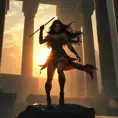 Irelia is portrayed in a grand, ancient temple, her silhouette framed by the rising sun through towering pillars. Her movements are fluid and deadly, with a sense of controlled power. The temple's walls are covered in faded murals depicting forgotten battles, adding to the atmosphere of ancient, untamed strength.