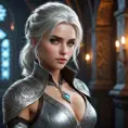 A seductive Ciri, in a daring, yet elegant outfit that combines elements of medieval and futuristic fashion. She stands in a high-tech, yet ancient-looking chamber, with holographic displays and ancient runes glowing around her. Her hair is a mix of silver and dark strands, and her eyes, filled with a blend of wisdom and seduction, lock onto the viewer.