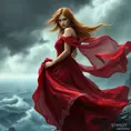 A mesmerizing Triss Merigold in a flowing, crimson dress, her hair loose and windswept, standing on a cliff edge overlooking a stormy sea, her expression a blend of strength and vulnerability, the wind gently lifting her dress.