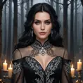 A mesmerizing Yennefer with a sultry gaze and a confident posture, wearing a sleek, black dress with intricate silver embroidery, surrounded by floating candles and a backdrop of a mystical forest at twilight