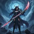 A majestic Irelia stands amidst a storm-torn battlefield, her eyes glowing with an ethereal light as she wields her twin blades with deadly precision. The sky above is a swirling vortex of dark clouds and lightning, casting an eerie glow on her armor, which is adorned with intricate, ancient runes.