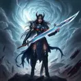 A majestic Irelia stands amidst a storm-torn battlefield, her eyes glowing with an ethereal light as she wields her twin blades with deadly precision. The sky above is a swirling vortex of dark clouds and lightning, casting an eerie glow on her armor, which is adorned with intricate, ancient runes.