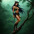 Nidalee, the seductive warrior, stands poised on a branch high above the jungle floor. Her body is a perfect blend of strength and grace, with a sleek, feline form and piercing eyes. She wears a revealing, tribal-inspired outfit that accentuates her curves, and her hair flows like a wild river. The background is a dense, emerald forest with a sense of ancient magic.