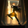 Irelia is portrayed in a grand, ancient temple, her silhouette framed by the rising sun through towering pillars. Her movements are fluid and deadly, with a sense of controlled power. The temple's walls are covered in faded murals depicting forgotten battles, adding to the atmosphere of ancient, untamed strength.