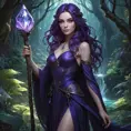 A mysterious witch with deep violet eyes and hair that cascades like a waterfall of ink, standing in a hidden glade filled with bioluminescent plants, her staff topped with a glowing crystal that pulses with ancient magic