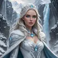 A powerful Ice Queen commanding a blizzard, her form towering and imposing, clad in a flowing robe of ice and snow, her eyes piercing through the storm, with snow-covered mountains and a frozen waterfall in the background.