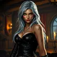 A seductive Ciri from The Witcher, with her silver hair cascading in loose waves, wearing a form-fitting, dark leather outfit that accentuates her curves. Her piercing green eyes are filled with a mix of determination and allure, as she stands in a dimly lit, medieval tavern, with a flickering candle casting shadows on her face.