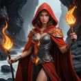 A Fire Sorceress stands in a cavern filled with molten rock and rivers of lava, her presence causing the temperature to rise to unbearable levels. Her skin is a deep, fiery red, and her eyes are like two burning coals. She wears a cloak made of living flames that shift and change shape as she moves. In her hand, she holds a staff that crackles with energy, and as she raises it, the lava around her begins to bubble and surge, as if responding to her command.