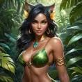 A seductive Nidalee, her feline form exuding an aura of primal allure, draped in a sleek, form-fitting jungle outfit that accentuates her curves. Her piercing eyes glow with a mysterious light, and her hair flows like liquid gold in the moonlight. The background is a lush, tropical forest with bioluminescent plants casting a soft, ethereal glow.