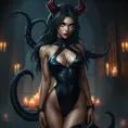 A seductive Ahri, her eyes sparkling with mischief, wearing a sleek, black leather outfit that hugs her every curve, with her tails wrapped around her like a protective embrace, standing in a dimly lit, candle-filled chamber with a mysterious, otherworldly aura.