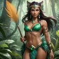 Nidalee, the seductive huntress, stands confidently in a misty jungle clearing. Her body is a perfect blend of human and feline, with sleek muscles and a graceful posture. She wears a revealing, tribal-inspired outfit adorned with feathers and beads, and her eyes are a mesmerizing shade of emerald. The air around her shimmers with an otherworldly energy.