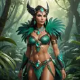 Nidalee, the seductive huntress, stands confidently in a misty jungle clearing. Her body is a perfect blend of human and feline, with sleek muscles and a graceful posture. She wears a revealing, tribal-inspired outfit adorned with feathers and beads, and her eyes are a mesmerizing shade of emerald. The air around her shimmers with an otherworldly energy.