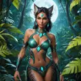 A captivating Nidalee, her feline form exuding an aura of primal allure, stands in a moonlit jungle clearing. She is dressed in a sleek, form-fitting outfit that highlights her exotic beauty, with intricate tribal patterns adorning her skin. Her eyes glow with a mysterious light, and the background is a lush, tropical forest with bioluminescent plants casting a soft, ethereal glow.