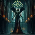 Morgana is shown in a grand, ancient cathedral, her presence both beautiful and terrifying. The stained glass windows behind her depict scenes of torment and despair, and her form is illuminated by the eerie, flickering light of candles. Her chains are wrapped around the pillars, binding them with an unbreakable force.