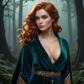 Triss Merigold in a luxurious, velvet robe that clings to her curves, her hair cascading in loose waves, standing in a moonlit forest with mist swirling around her, her expression both enchanting and enigmatic.