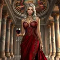 A seductive Ciri, dressed in a regal, yet provocative gown made of deep crimson silk, with intricate gold embroidery. She stands in a grand, opulent hall, with marble pillars and a high ceiling adorned with frescoes. Her expression is one of confident seduction, as she holds a goblet of wine, ready to captivate any onlooker.