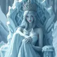 An ethereal Ice Queen seated on a throne of ice, her skin pale as snow, eyes glowing with a cold, blue light, her hair flowing like a cascade of frozen silver, with icicles hanging from her crown and a frosty aura emanating from her presence.