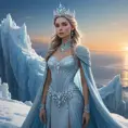 A regal Ice Queen standing at the edge of an icy cliff, her presence commanding and serene, dressed in a gown of frost and snow, her crown adorned with icy spikes, with a vast, frozen ocean stretching out beneath her and a distant aurora illuminating the sky.