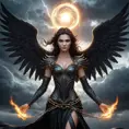 Morgana, the fallen angel, stands in a tempestuous sky, her wings spread wide and black as night. Her eyes burn with a fiery, malevolent glow, and her chains rattle ominously in the wind. The background is a swirling vortex of dark clouds and lightning, casting an eerie light on her form.