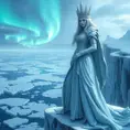 A regal Ice Queen standing at the edge of an icy cliff, her presence commanding and serene, dressed in a gown of frost and snow, her crown adorned with icy spikes, with a vast, frozen ocean stretching out beneath her and a distant aurora illuminating the sky.