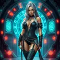 A seductive Ciri, in a daring, yet elegant outfit that combines elements of medieval and futuristic fashion. She stands in a high-tech, yet ancient-looking chamber, with holographic displays and ancient runes glowing around her. Her hair is a mix of silver and dark strands, and her eyes, filled with a blend of wisdom and seduction, lock onto the viewer.