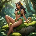 A sultry Nidalee lounges on a moss-covered rock, her feline tail curling seductively around her legs. She is dressed in a revealing, jungle-themed outfit that highlights her exotic beauty. The background is a vibrant, sun-dappled forest with rays of light filtering through the leaves, creating a dreamy, enchanted atmosphere.