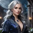 A alluring Yennefer with silver hair flowing like a waterfall, dressed in a shimmering, midnight blue robe adorned with silver runes, standing in a moonlit courtyard with swirling mist and glowing flowers