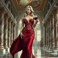 A seductive Ciri, dressed in a regal, yet provocative gown made of deep crimson silk, with intricate gold embroidery. She stands in a grand, opulent hall, with marble pillars and a high ceiling adorned with frescoes. Her expression is one of confident seduction, as she holds a goblet of wine, ready to captivate any onlooker.