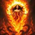 A Fire Sorceress floats above a sea of fire, her body surrounded by a halo of intense, white-hot flames. Her eyes are closed, and her expression is one of serene, terrifying power. Below her, the flames churn and twist, forming into the shapes of monstrous creatures that writhe and snap at the air. The heat is so intense that the very air shimmers and distorts around her, making her seem like a being from another world, one of pure, unstoppable fire.