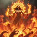 A Fire Sorceress floats above a sea of fire, her body surrounded by a halo of intense, white-hot flames. Her eyes are closed, and her expression is one of serene, terrifying power. Below her, the flames churn and twist, forming into the shapes of monstrous creatures that writhe and snap at the air. The heat is so intense that the very air shimmers and distorts around her, making her seem like a being from another world, one of pure, unstoppable fire.