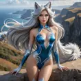 A seductive Ahri, her form half-human, half-fox, with sleek, silver fur and piercing blue eyes, standing on a cliff overlooking a vast, mystical landscape, wearing a tight, form-fitting bodysuit adorned with intricate patterns, with a gentle breeze tousling her hair.