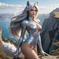 A seductive Ahri, her form half-human, half-fox, with sleek, silver fur and piercing blue eyes, standing on a cliff overlooking a vast, mystical landscape, wearing a tight, form-fitting bodysuit adorned with intricate patterns, with a gentle breeze tousling her hair.