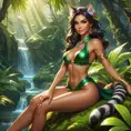 A sultry Nidalee lounges on a moss-covered rock, her feline tail curling seductively around her legs. She is dressed in a revealing, jungle-themed outfit that highlights her exotic beauty. The background is a vibrant, sun-dappled forest with rays of light filtering through the leaves, creating a dreamy, enchanted atmosphere.