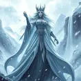 A powerful Ice Queen commanding a blizzard, her form towering and imposing, clad in a flowing robe of ice and snow, her eyes piercing through the storm, with snow-covered mountains and a frozen waterfall in the background.