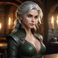 A seductive Ciri from The Witcher, with her silver hair cascading in loose waves, wearing a form-fitting, dark leather outfit that accentuates her curves. Her piercing green eyes are filled with a mix of determination and allure, as she stands in a dimly lit, medieval tavern, with a flickering candle casting shadows on her face.