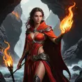 A Fire Sorceress stands in a cavern filled with molten rock and rivers of lava, her presence causing the temperature to rise to unbearable levels. Her skin is a deep, fiery red, and her eyes are like two burning coals. She wears a cloak made of living flames that shift and change shape as she moves. In her hand, she holds a staff that crackles with energy, and as she raises it, the lava around her begins to bubble and surge, as if responding to her command.