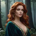 Triss Merigold in a luxurious, velvet robe that clings to her curves, her hair cascading in loose waves, standing in a moonlit forest with mist swirling around her, her expression both enchanting and enigmatic.