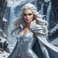 A powerful Ice Queen commanding a blizzard, her form towering and imposing, clad in a flowing robe of ice and snow, her eyes piercing through the storm, with snow-covered mountains and a frozen waterfall in the background.