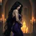 A seductive Yennefer with raven-black hair cascading over her shoulders, dressed in a form-fitting, deep purple gown that accentuates her curves, standing in a candlelit chamber with enchanted flames dancing around her