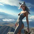 A seductive Ahri, her form half-human, half-fox, with sleek, silver fur and piercing blue eyes, standing on a cliff overlooking a vast, mystical landscape, wearing a tight, form-fitting bodysuit adorned with intricate patterns, with a gentle breeze tousling her hair.