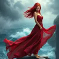 A mesmerizing Triss Merigold in a flowing, crimson dress, her hair loose and windswept, standing on a cliff edge overlooking a stormy sea, her expression a blend of strength and vulnerability, the wind gently lifting her dress.