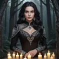 A mesmerizing Yennefer with a sultry gaze and a confident posture, wearing a sleek, black dress with intricate silver embroidery, surrounded by floating candles and a backdrop of a mystical forest at twilight