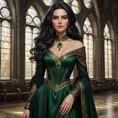 A enchanting Yennefer with hair like obsidian and eyes that sparkle with arcane knowledge, dressed in a regal, dark green gown with gold accents, standing in a grand hall with towering stained glass windows depicting ancient legends